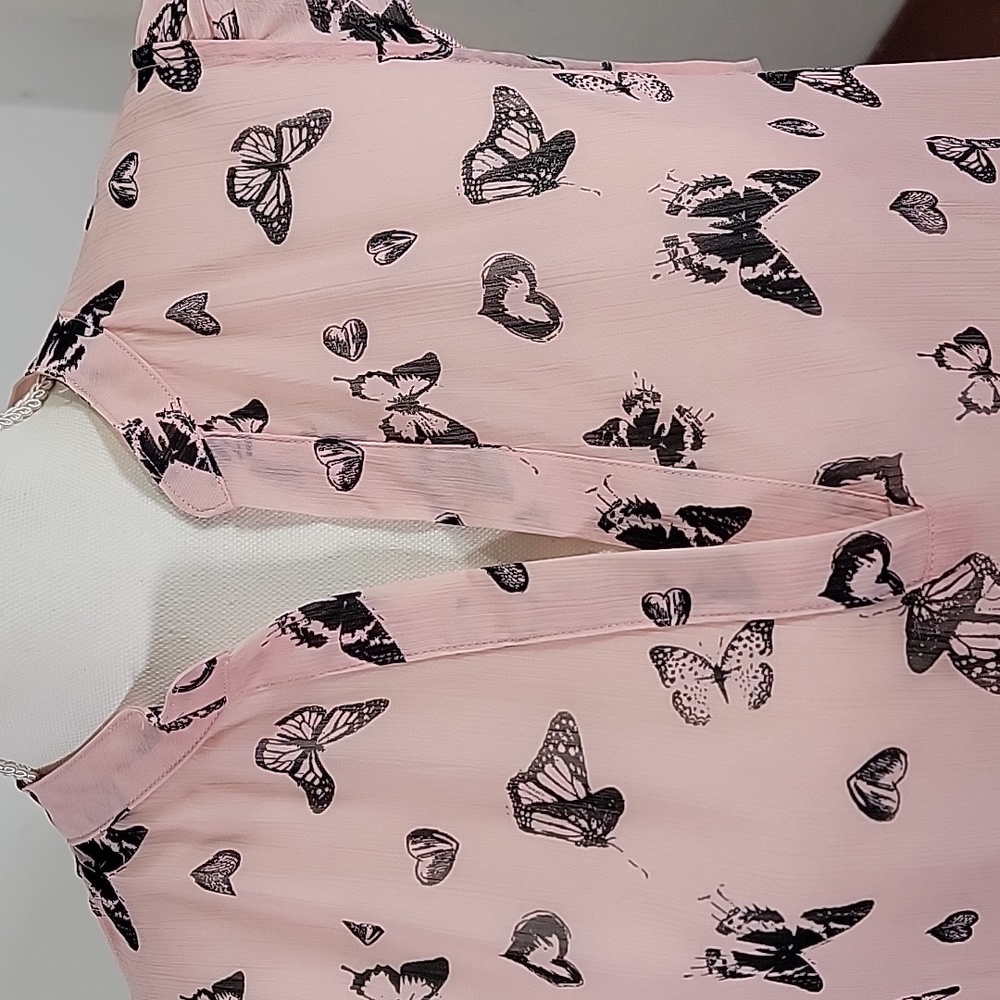 Womens Sheer Pink w/Black Butterflies High Low Ruffle Sleeve Top Size XL - Picture 5 of 14